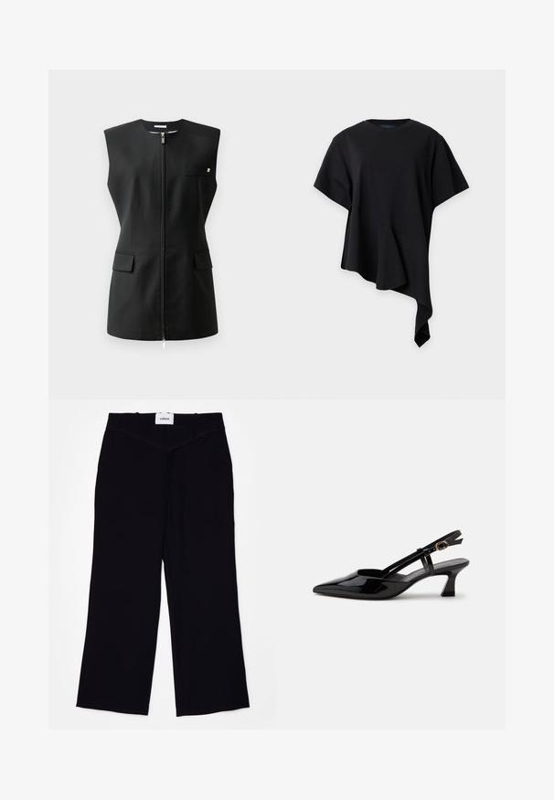 Veste sans manches noire avec fermeture éclair à l'avant, deux poches avant et un petit détail accentué. Fabriquée en tissu lisse.; Top noir à manches courtes avec col rond et un ourlet asymétrique avec un détail drapé et pointu sur un côté.; Pantalons larges noirs en tissu lisse. Dotés d'une taille plate avec passants de ceinture et d'une finition soignée aux ourlets.; Chaussure slingback en cuir verni noir à petit talon, bout pointu et bride réglable avec boucle dorée sur fond blanc.