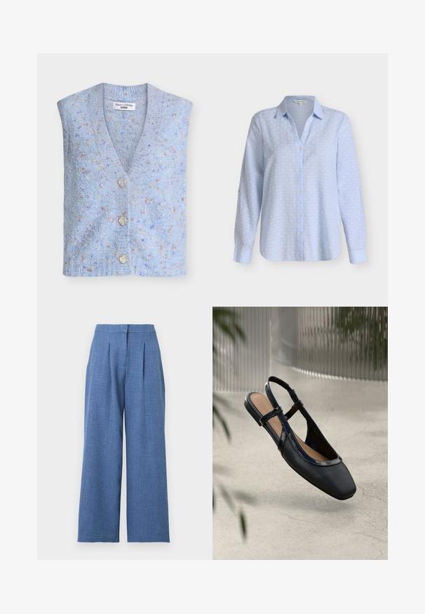 Veste tricotée bleu clair avec un col en V, quatre boutons et un tissu texturé présentant des motifs multicolores dispersés.; Chemise bleu clair à manches longues, boutonnée, avec motif à pois blancs et col pointu sur fond uni.; Pantalon large taille haute bleu clair avec plis devant et fermeture de ceinture dissimulée.; Chaussure plate slingback en cuir noir avec un orteil carré, dotée d'un fini verni brillant et de sangles ajustables pour un maintien sécurisé.