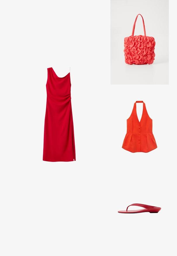 Rød halterneck-top med tætsiddende liv, frontknapper og peplum-søm. Lavet af tekstureret stof med glatte linjer og et rent design.; Rød ærmeløs midikjole med asymmetrisk udskæring og sideslids, med let rynkning på højre side.; Rød lavhælet flip-flop sandal med tynd rem og flad sål, vist fra siden på hvid baggrund.; Koralfarvet tote bag med en tekstureret, samlet design. Lavet af blødt stof, med to robuste håndtag og et rummeligt indre.