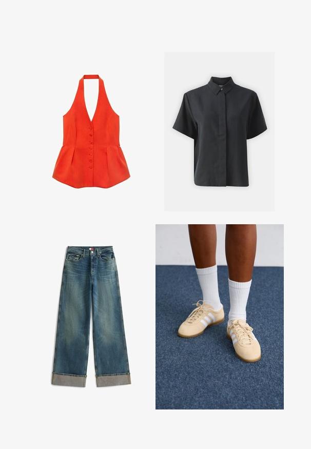 Rød halterneck-top med tætsiddende liv, frontknapper og peplum-søm. Lavet af tekstureret stof med glatte linjer og et rent design.; Kortærmet sort skjorte med knapper og klassisk krave, lavet af et glat stof, med lige snit og minimalistisk design.; Vide denimjeans med ben i medium blå vask, der har høj talje, sølvhardware og opbukket kant med kontrasterende inderstof.; Person i beige Adidas sneakers med hvide striber og hvide ankelstrømper, stående på et blåt tæppe.