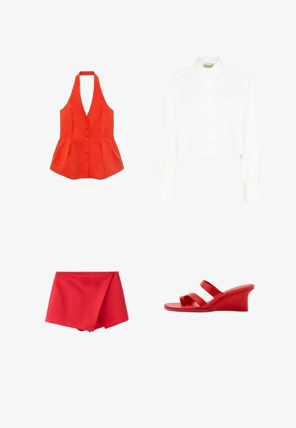 Rød halterneck-top med tætsiddende liv, frontknapper og peplum-søm. Lavet af tekstureret stof med glatte linjer og et rent design.; Hvid cropped skjorte med lange ærmer, spidset krave og knapper foran. Lavet af glat stof med et rent, minimalistisk design.; Rød mininederdel med høj talje, omslagsfront, asymmetrisk kant og skjult sidelukning med lynlås.; Rød kilehæl sandal med to remme, åben tå og mellem hælhøjde, vist fra siden på en hvid baggrund.