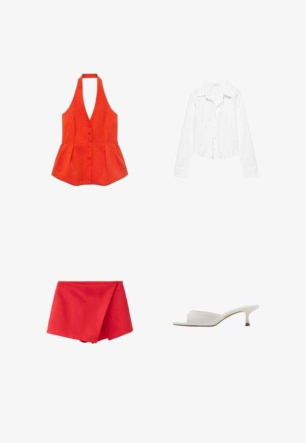 Rød halterneck-top med tætsiddende liv, frontknapper og peplum-søm. Lavet af tekstureret stof med glatte linjer og et rent design.; Hvid skjorte med lange ærmer, krave, let figursyet talje og manchetter med knapper, vist på en hvid baggrund.; Rød mininederdel med høj talje, omslagsfront, asymmetrisk kant og skjult sidelukning med lynlås.; Hvid mule med åben tå, lav kitten-hæl og glat læderoverdel, vist i profil mod en hvid baggrund.