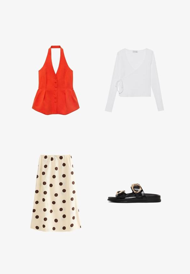 Rød halterneck-top med tætsiddende liv, frontknapper og peplum-søm. Lavet af tekstureret stof med glatte linjer og et rent design.; Hvid langærmet indpakningsbluse lavet af ribbet stof med dyb V-udskæring og sidetie-detalje, der har en tætsiddende silhuet.; Kremfarvet nederdel med elastik i taljen med mønster af store brune polkaprikker.; Sort slidesandal med to brede remme med store guldfarvede spænder og flad sål.