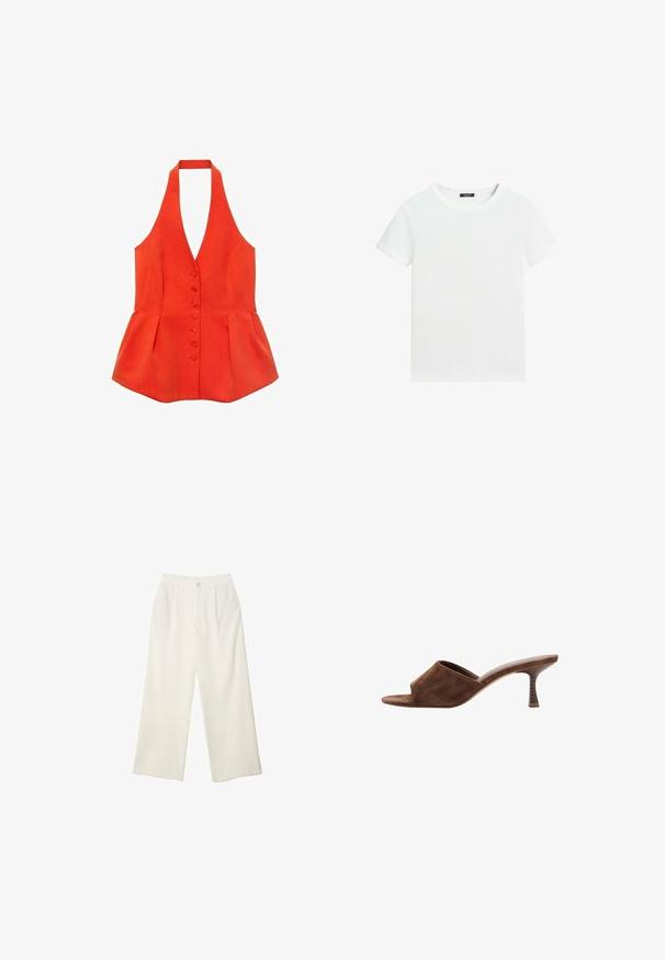 Rød halterneck-top med tætsiddende liv, frontknapper og peplum-søm. Lavet af tekstureret stof med glatte linjer og et rent design.; Almindelig hvid T-shirt med korte ærmer, rund halsudskæring og lille sort label inden i kraven.; Bredde bukser i cremefarvet stof med en glat tekstur, der har en enkelt knap foran, diskrete folder og design med høj talje.; Brun ruskind åben tå mule med mellemhøj, buet træsko hæl og slip-on design på en hvid baggrund.