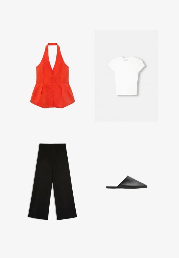 Rød halterneck-top med tætsiddende liv, frontknapper og peplum-søm. Lavet af tekstureret stof med glatte linjer og et rent design.; Hvid kortærmet t-shirt lavet af blød bomuld, med rund halsudskæring og en tætsiddende form. Ingen synlige mønstre eller udsmykninger.; Sorte bukser med vidde ben, bæltestropper, knaplukning foran og lynlås, lagt fladt på hvid baggrund.; Sort lædersko uden snørebånd med spids tå og glat tekstur, med et minimalistisk design og flad sål.