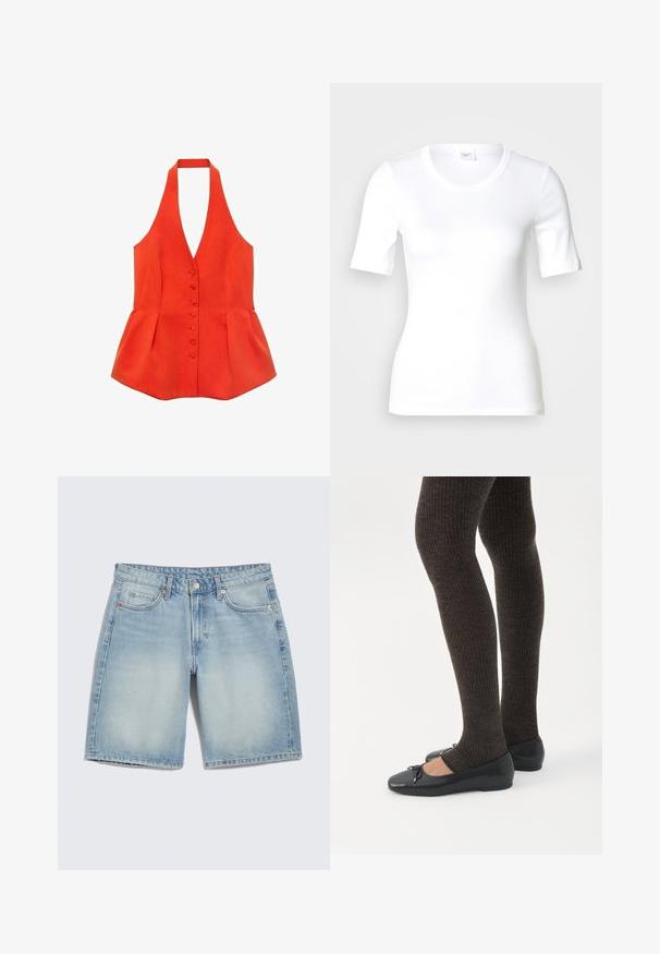 Rød halterneck-top med tætsiddende liv, frontknapper og peplum-søm. Lavet af tekstureret stof med glatte linjer og et rent design.; Hvid T-shirt med korte ærmer lavet af glat bomuld, med rund halsudskæring og en tætsiddende pasform. Klassisk design uden mønstre eller detaljer.; Lyseblå denimshorts med frontlommer, bæltestropper og knaplukning, vist mod en ensfarvet hvid baggrund.; Ben iført mørke ribbede leggings kombineret med sorte balletsko med små sløjfedetaljer på hvid baggrund.