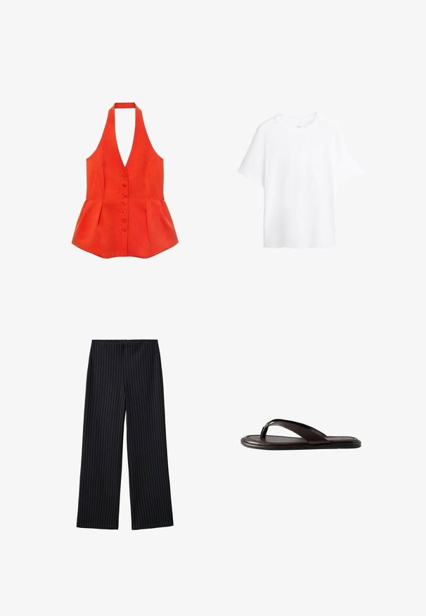 Rød halterneck-top med tætsiddende liv, frontknapper og peplum-søm. Lavet af tekstureret stof med glatte linjer og et rent design.; Hvid kortærmet T-shirt med rund hals og afslappet pasform, vist mod en hvid baggrund.; Sorte, smalle stribede bukser med brede ben, glat tekstur og en høj talje. Stoffet har en subtil glans og falder løst.; Sort læderflip-flop med polstret sål og brede remme, vist fra siden på hvid baggrund.
