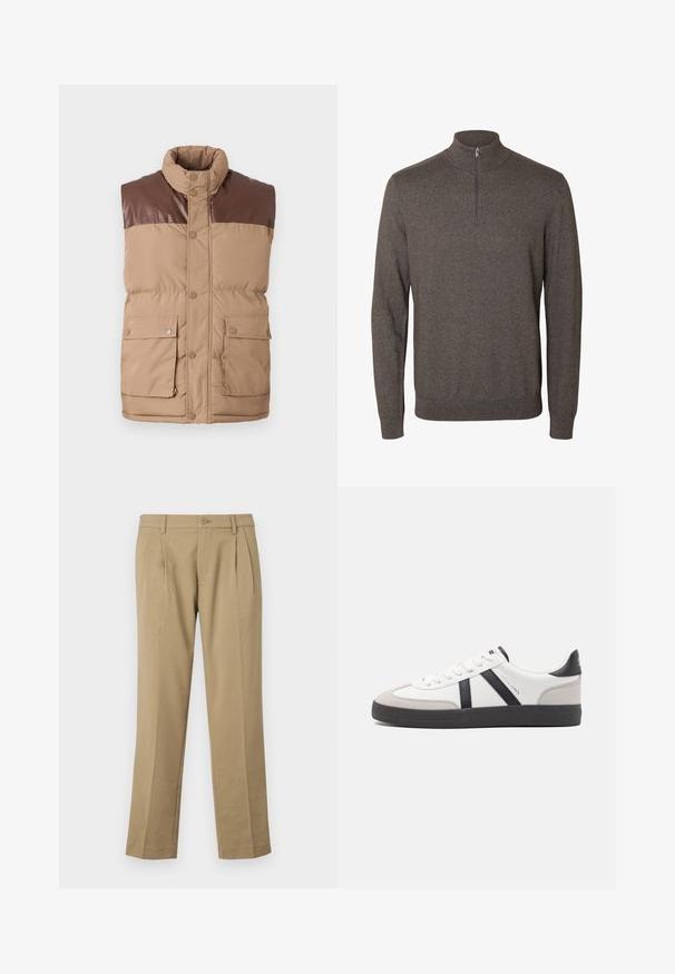 Gilet sans manches en doudoune marron avec un empiècement en simili cuir, fermeture à boutons-pression et deux poches avant. Texture douce, isolation rembourrée.; Pull marron à manches longues avec col à demi-fermeture éclair et poignets et ourlet côtelés sur fond blanc.; Pantalons beiges en tissu lisse, avec deux plis à l'avant, une fermeture à bouton et des jambes droites avec un ourlet net.; Baskets blanches avec des accents noirs et gris, présentant un embout texturé gris, une semelle en caoutchouc noir et des lacets plats blancs. Design épuré, style minimaliste.