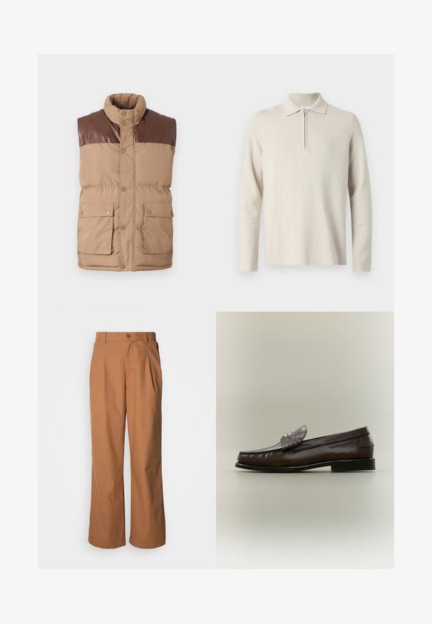 Gilet sans manches en doudoune marron avec un empiècement en simili cuir, fermeture à boutons-pression et deux poches avant. Texture douce, isolation rembourrée.; Polo à manches longues de couleur crème avec une fermeture éclair au col, fabriqué en tissu doux et texturé, avec une coupe classique et un design minimaliste.; Pantalon à jambes larges en tissu marron chaud, avec fermeture à boutons sur le devant, plis subtils et coupe droite pour une tenue décontractée.; Mocassin en cuir marron foncé avec un petit talon noir, coutures mocassin et une bride décorative sur le dessus.
