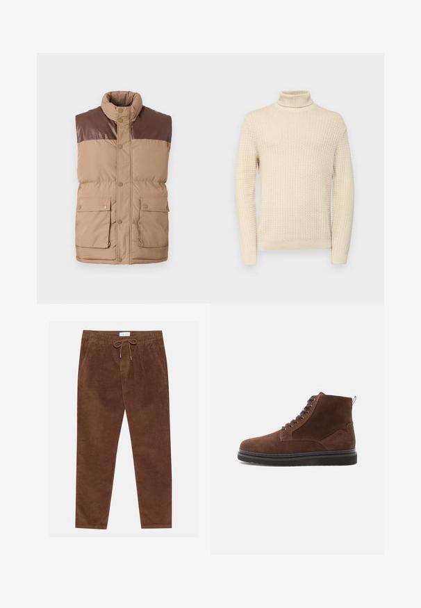 Brun ærmeløs puffervest med en faux læder yoke, trykknaplukning og to forlommer. Blød tekstur, polstret isolering.; Crèmfarvet turtleneck sweater med et struktureret strikkemønster, der har lange ærmer og ribbede manchetter og kant.; Pier One by Zalando Bukser - brown; Brune ruskindsankelstøvler har rund tå, snørebånd foran og kontrasterende sort gummisål med struktureret greb.