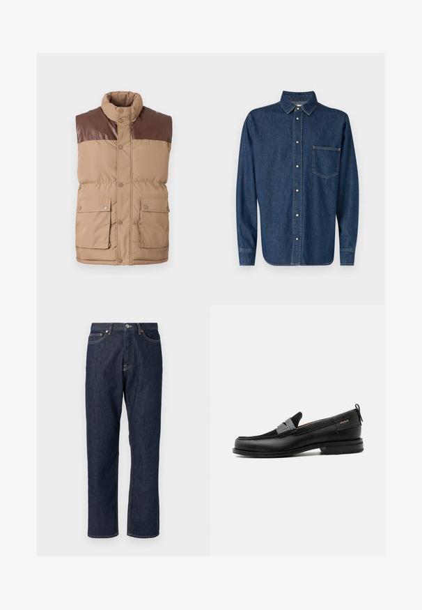 Brun ærmeløs puffervest med en faux læder yoke, trykknaplukning og to forlommer. Blød tekstur, polstret isolering.; Mørkeblå denimskjorte med lange ærmer, knaplukning foran og en enkelt brystlomme. Har en klassisk krave og lige kant.; Mørkeblå denim jeans med lige ben-design. Har knappelukning og lynlås, fem lommer og kontraststikningsdetaljer.; Sort læderloafer med grå remdetalje, lav hæl og tekstureret sål, mærket med "HUGO" i guld på siden.