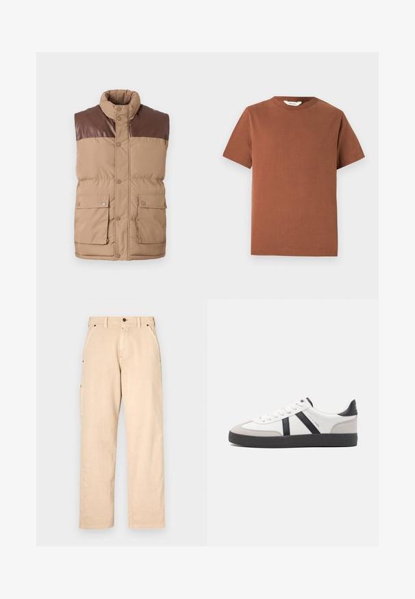 Chaleco sin mangas acolchado marrón con pechera de cuero sintético, cierre de botones a presión y dos bolsillos frontales. Textura suave y aislamiento acolchado.; Camiseta marrón de manga corta y cuello redondo, hecha de algodón suave, con un diseño liso sin patrones ni adornos visibles.; Pantalones de algodón beige con corte de pierna recta, que cuentan con bolsillos laterales, pasadores para cinturón y cierre delantero con botón. Textura suave, diseño minimalista.; Zapatilla blanca con acentos en negro y gris, que presenta una puntera texturizada en gris, suela de goma negra y cordones planos blancos. Diseño limpio, estilo minimalista.