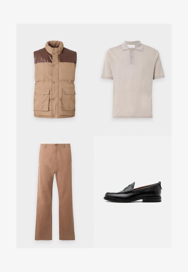 Gilet sans manches en doudoune marron avec un empiècement en simili cuir, fermeture à boutons-pression et deux poches avant. Texture douce, isolation rembourrée.; Polo à manches courtes en coton beige clair, avec un col classique, une patte de boutonnage à deux boutons et une finition lisse et texturée.; Pantalons droits marron en coton. Dotés d'une fermeture à bouton, de poches à l'avant et de coutures visibles le long des coutures.; Mocassin homme en cuir noir avec couture moc toe, bride penny, col texturé et petit talon empilé sur fond blanc.