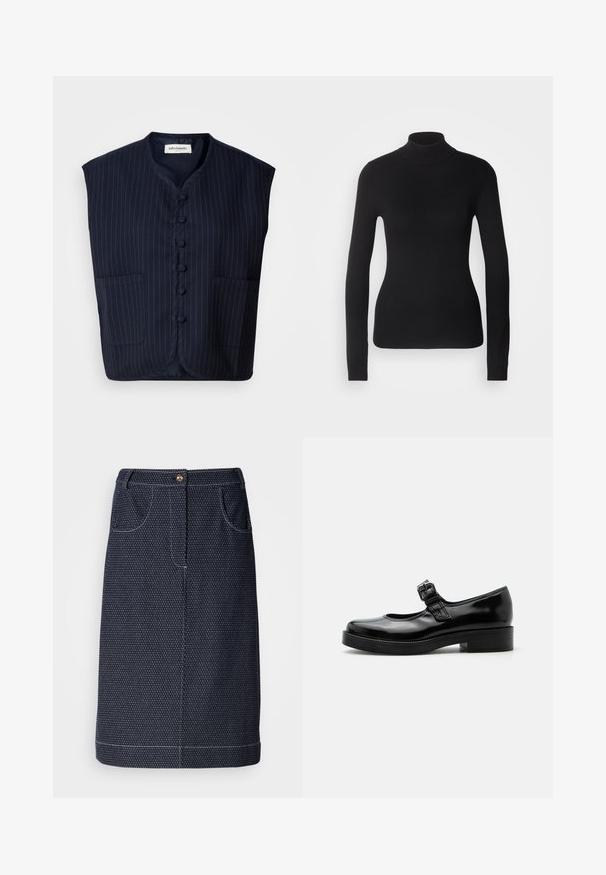 Tumesinine ilma varrukateta vest, millel on triibuline muster, nööpidega ees, mandariinikaelus ja kaks eesmist taskut. Pehme kangas, struktureeritud kuju.; Mustem turtleneck-sviiter, mis on valmistatud kerge kudumiskangast. Omab pikki varrukaid, slim-fit lõiget ja pehmet soonikut.; Tume teksaskuusik, millel on peen valge täppide muster, esikotid, kuldne nööp ja valge õmblus ääres.; Mustast lakknahast Mary Jane stiilis king, ümarate varvastega, madala kõrguse ja kompaktse kontsaga ning reguleeritava pandlaga rihmaga suu peal.