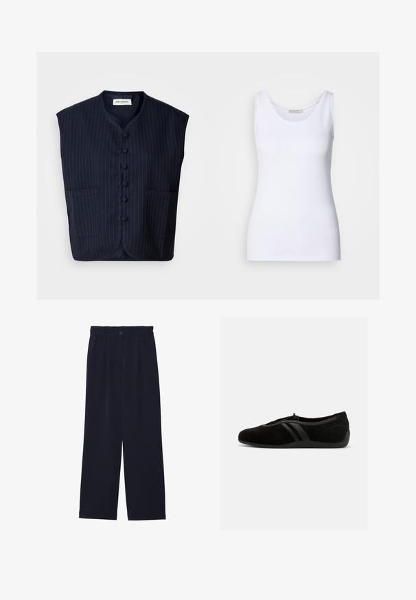 Donkerblauwe mouwloze vest met een streeppatroon, knoopsluiting aan de voorkant, mandarin kraag en twee voorzakken. Zachte stof, gestructureerde vorm.; Witte top met een gladde, rekbare stof. Beschikt over een ronde halslijn en brede schouderbanden. De zoom zit net onder de taille. Geen patronen of accenten.; Marineblauwe wijde broek met een gladde textuur, elastische tailleband, enkele plooien aan de voorkant en een knoopsluiting in de taille.; Zwarte suède instapschoen met ronde neus, elastische trekkoordsluiting, twee leren zijstrepen en platte rubberen zool.