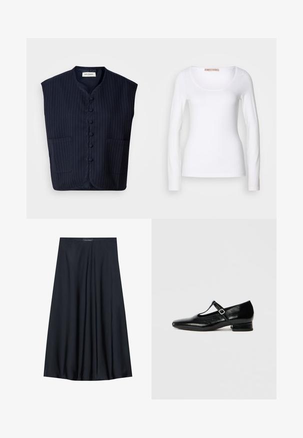 Donkerblauwe mouwloze vest met een streeppatroon, knoopsluiting aan de voorkant, mandarin kraag en twee voorzakken. Zachte stof, gestructureerde vorm.; Witte katoenen T-shirt met lange mouwen, voorzien van een ronde halslijn en een getailleerd ontwerp, met een gladde textuur en zonder versieringen.; Zwarte, knielange rok van lichtgewicht stof met een vloeiende uitstraling. Kenmerkt zich door een gladde textuur en subtiele plooien voor extra detail.; Zwarte leren Mary Jane schoenen met een puntige neus, een kleine blokhak en een verstelbare riem met een zilveren gesp. Gladde, glanzende textuur.