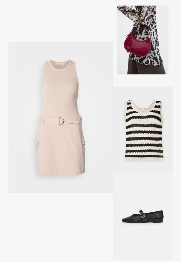 Top sin mangas de punto con franjas horizontales en negro y crema, que presenta un escote redondo y un patrón texturizado.; Vestido sin mangas beige con parte superior acanalada, cintura ceñida con un cinturón que presenta una hebilla plateada, y dos bolsillos laterales tipo cargo. Textura suave, diseño casual.; Zapato plano de cuero negro con punta redondeada, una sola correa ajustable con hebilla y una textura suave y brillante. Diseño minimalista con un tacón bajo.; Mujer con blusa de estampado en blanco y negro sosteniendo un bolso de hombro rojo brillante sobre un fondo liso.