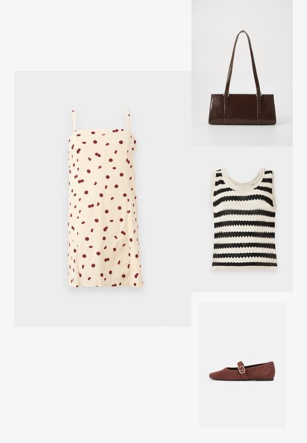 Top sans manches en tricot avec des rayures horizontales noir et crème, présentant un col rond et un motif texturé.; Robe nuisette crème à fines bretelles, ornée d'un imprimé cerises rouges dispersées sur le tissu, présentée sur un fond uni.; Chaussure plate Mary Jane en suède marron avec une bride à boucle dorée et une semelle noire sur fond blanc.; Sac à main en cuir verni marron de forme rectangulaire, avec deux longues poignées et des accents courbés subtils à l'avant.