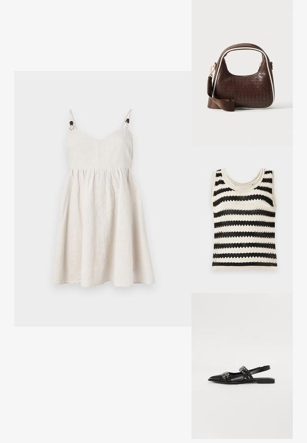 Top sin mangas de punto con franjas horizontales en negro y crema, que presenta un escote redondo y un patrón texturizado.; Vestido de lino en color beige claro, con un corpiño ajustado, falda acampanada, tirantes ajustables con acentos de cuentas de madera y detalles fruncidos.; Even&Odd Bailarinas con tira trasera - black; Bolso de mano de piel trenzada marrón con ribete blanco, cremallera dorada y correa de hombro de tela marrón desmontable.