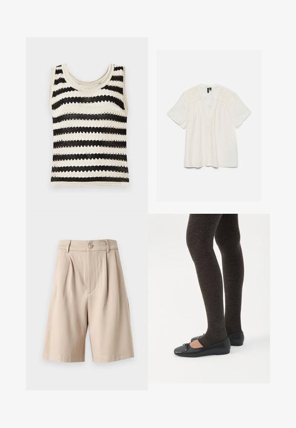 Top sin mangas de punto con franjas horizontales en negro y crema, que presenta un escote redondo y un patrón texturizado.; Blusa blanca de manga corta con cierre de botones y bordado floral con recortes en los hombros y la parte superior del pecho.; Pantalones cortos beige de talle alto, confeccionados con plisados, trabillas para cinturón, cierre frontal con botón y bajo hasta la rodilla sobre fondo blanco.; Piernas con leggings oscuros acanalados combinados con bailarinas negras que presentan pequeños detalles de lazo sobre un fondo blanco.