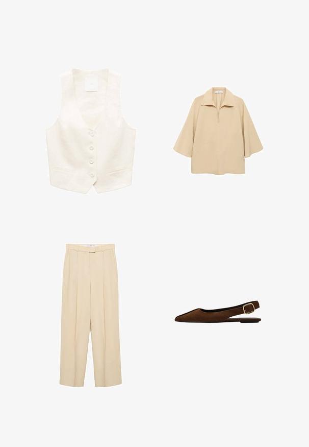 Elfenbensfarvet linnedragt med V-hals, seks knapper og to forlommer. Glat tekstur med en skræddersyet pasform og minimalistisk design.; Beige bluse lavet af letvægtsstof, med en bred krave, halv plissé og ærmer til albuen med en løs pasform.; Beige, højtaljede bukser med en vid ben-design. Har frontfolder, sidelommer og en glat stoftekstur.; Brun ruskind spids tå flad slingback sko med en guldlås og en tynd sort sål.