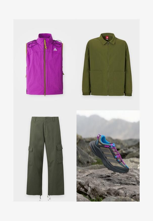Gilet sans manches violet avec col haut, fermeture éclair à l'avant, détails en cordon noir sur les épaules et petit logo blanc triangulaire sur la poitrine.; Veste zippée vert olive avec col pointu, deux poches avant à fermeture à pression, et poignets élastiques.; Pantalon cargo vert olive avec poches latérales à rabat, fermeture par boutons, passants de ceinture et cordons ajustables aux larges ourlets des jambes.; Chaussure de trail avec des détails gris, bleus et violets au-dessus d'un terrain rocheux et d'un fond de montagne flou.