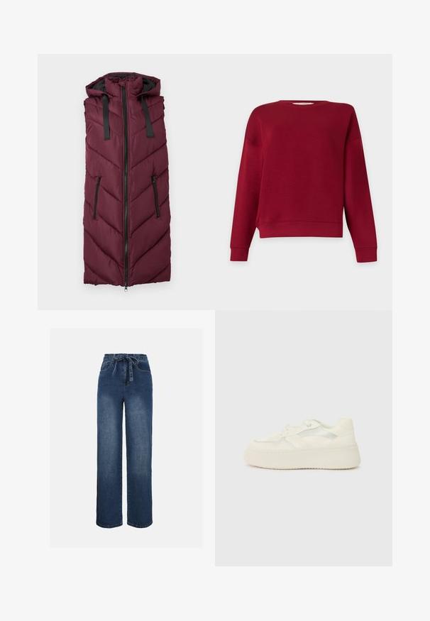 Bordeaux puffer gilet met een capuchon, voorzien van een chevron quiltpatroon, een ritssluiting aan de voorkant en twee zijzakken met rits.; Effen bordeauxrode trui met lange mouwen en ronde hals, getoond op een witte achtergrond, zonder zichtbare logo’s of patronen.; Hoogwaardige, wijde, blauwe spijkerbroek met voorzakken en een bijpassende stoffen riem rond de taille gestrikt.; Witte platform sneakers met een glad lederen bovenwerk, gestikte accenten en metalen zijstrepen. Ronde neus en platte rubberen zool.