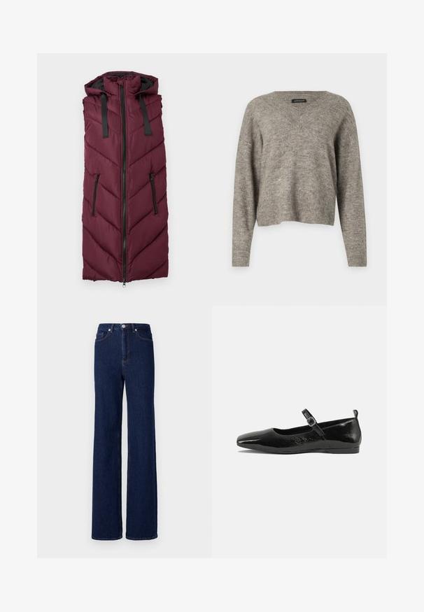 Bordeaux puffer vest med hætte, der har et chevron-quiltet mønster, frontlynlås og to side lynlåslommer.; V-hals, langærmet sweater i lysegrå strikket stof med ribbet kant. Let vægt, let cropped design med afslappet pasform.; Mørkeblå denim jeans med høj talje, bred benudskæring og klassisk fem-pocket design. Afsluttet med kontrastsyning og en metalknap.; Sorte patentlæder flade sko med spidse tæer, en ankelrem med spænde og en glat, blank tekstur. Lav hæl for komfort.