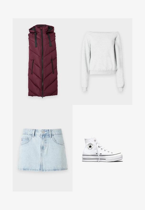 Bordeaux puffer vest med hætte, der har et chevron-quiltet mønster, frontlynlås og to side lynlåslommer.; Grå sweatshirt med off-the-shoulder design, lange ærmer og ribbede manchetter. Lavet af blødt stof med en cropped længde.; Lyseblå denim-mini nederdel med frontknap, bælteløkker og forlommer, vist på en hvid baggrund.; Hvid højtop Converse Chuck Taylor All Star-sneaker med sort logo-patch og hvide snørebånd, vist på hvid baggrund.