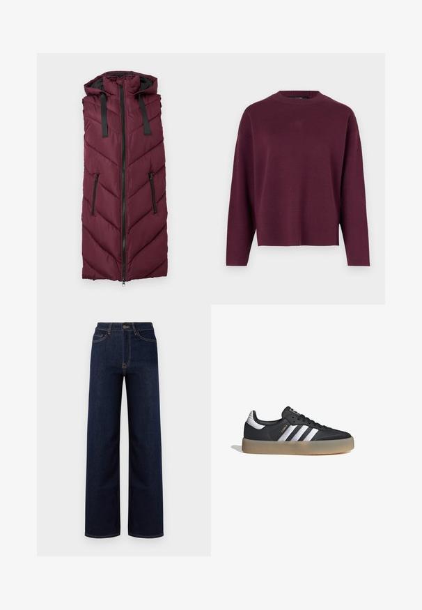 Chaleco acolchado burdeos con capucha, que presenta un patrón de rombos acolchado, cierre frontal con cremallera y dos bolsillos laterales con cremallera.; Vero Moda Knitted VMSILJE Knitted - Jersey de punto - winetasting; Jeans de corte amplio en azul oscuro hechos de denim, con una cintura alta, cuatro bolsillos y costuras en contraste a lo largo de las costuras.; Zapatilla deportiva de cuero negro con tres rayas plateadas, punta texturizada y suela de goma. Cuenta con un collar acolchado y un diseño con cordones.