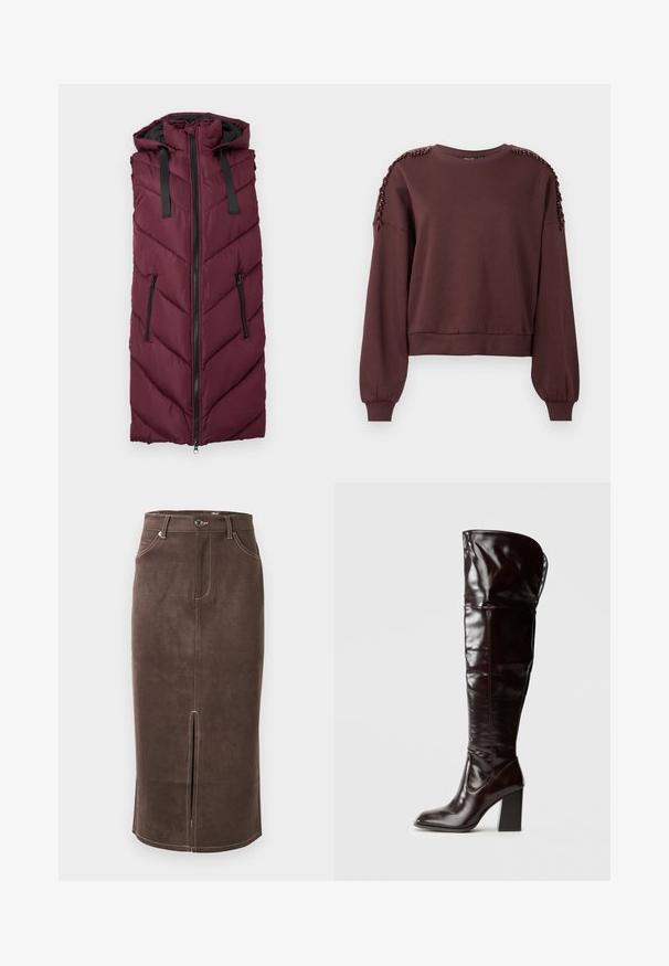 Gilet rembourré bordeaux avec capuche, présentant un motif en chevrons, fermeture éclair sur le devant et deux poches zippées sur les côtés.; Sweatshirt marron à manches longues, col rond et décoration texturée aux épaules. Poignets et ourlet côtelés. Tissu doux.; Jupe crayon en suede marron avec fente frontale, couture blanche contrastante et design classique à cinq poches. Fermeture classique par bouton à la taille.; Bottes en cuir bordeaux glacé montant jusqu'au genou, avec un bout carré et un talon bloc, présentant un design ample et des détails de couture minimalistes.
