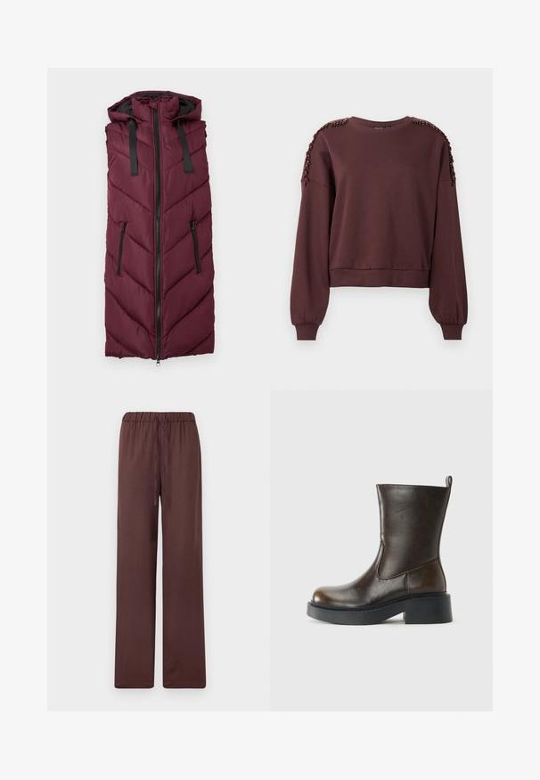Bordeaux puffer vest med hætte, der har et chevron-quiltet mønster, frontlynlås og to side lynlåslommer.; Brun sweatshirt med lange ærmer, rund halsudskæring og tekstureret dekoration på skuldrene. Ribbet manchetter og kant. Blødt stof.; Brune bukser med vide ben, elastisk talje og snøre, lavet af blødt stof, vist på en ensfarvet lys baggrund.; Mørkebrune læderstøvler til midten af læggen med rund tå, tyk sort sål, lav blokhælel og en trækflap bagpå.
