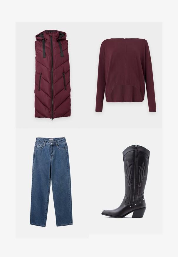 Bordeaux puffer vest med hætte, der har et chevron-quiltet mønster, frontlynlås og to side lynlåslommer.; Vero Moda Knitted VMBREEZE Knitted - Striktrøje - winetasting; Klassiske blå denimbukser med lige ben, fem lommer og knaplukning. Har en medium vask og en robust tekstur.; Sorte cowboystøvler i læder med spids tå, synlige sømme, sølvfarvede nitte-detaljer og lynlås på den indvendige side.