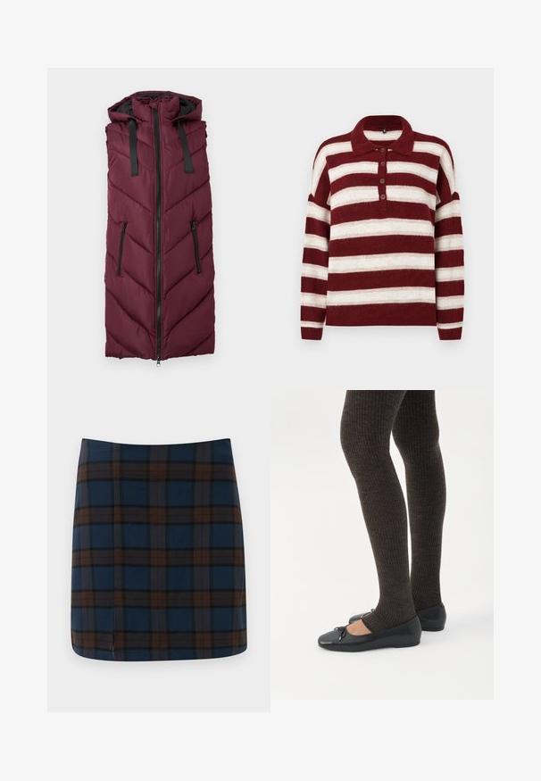Bordeaux puffer-vest med huva, med ett chevron-quiltrat mönster, främre dragkedjestängning och två sidofickor med dragkedja.; Paita tyyli polo, jossa on viininpunaiset ja kermaiset vaakaraitat. Paita on pehmeä ja siinä on viiden napin listahalkio sekä neulottu kaulus.; Tummansininen ruudullinen mini-hame, jossa on ruskeita ja harmaita viivoja, valmistettu sileästä kankaasta, jossa on hienovarainen halkio takana liikkumisen helpottamiseksi.; Jalat, joissa tummat ribbineuleiset leggingsit yhdistettynä mustiin balettitossuihin, joissa on pienet rusettikoristeet valkoisella taustalla.