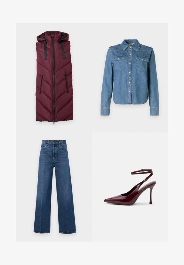 Burgundia värvi puhvvest kapuutsiga, millel on chevroni tikandimuster, ees tõmbluku sulgemine ja kaks külgset tõmblukuga taskut.; Denim-särk on helesinise varjundiga, klassikalise kraega ning kahe rinnataskuga. Sellel on press-nupud ja pikad varrukad, millel on nupuga mansetid.; Sinised laiad teksad, mis on valmistatud denimist, kõrge vöökoht, esikotid ja kontrastõmblused. Kangas on sileda tekstuuriga.; Läikiv burgundia tooniga terava varbaga kõrge kontsaga king, pahkluu rihma ja pandlaga, õhuke stiletokonts, külgvaade ühevärvilisel taustal.