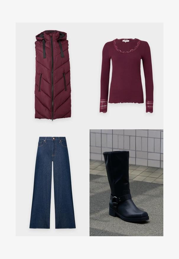 Bordeaux puffer vest med hætte, der har et chevron-quiltet mønster, frontlynlås og to side lynlåslommer.; Langærmet burgunder ribbestrikket top med en bølget blondekant ved halsudskæringen og blonder på ærmerne. Tekstureret materiale med en tætsiddende pasform.; Mørkeblå vidde jeans i denim med knapper foran og lommer, vist mod en ensfarvet lys baggrund.; Sort læderstøvle midt på læggen med lav blokhæle og en dekorativ rem med metal spænde rundt om anklen, på en flisebelagt fortov.