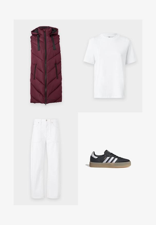 Chaleco acolchado burdeos con capucha, que presenta un patrón de rombos acolchado, cierre frontal con cremallera y dos bolsillos laterales con cremallera.; Camiseta de algodón blanca de cuello redondo con mangas cortas y una textura suave. Diseñada con un ajuste relajado para mayor comodidad y versatilidad.; Pantalones de mezclilla blanca con diseño de pierna recta, costuras naranjas en contraste, cinco bolsillos y cierre de botón y cremallera.; Zapatilla deportiva de cuero negro con tres rayas plateadas, punta texturizada y suela de goma. Cuenta con un collar acolchado y un diseño con cordones.