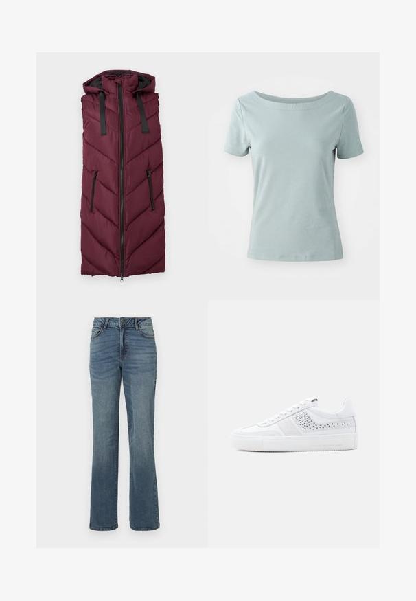 Chaleco acolchado burdeos con capucha, que presenta un patrón de rombos acolchado, cierre frontal con cremallera y dos bolsillos laterales con cremallera.; Camiseta de algodón de manga corta, de color azul claro, con un escote amplio y un corte relajado. Hombros sin costuras y una textura suave y lisa.; Vaqueros de mezclilla azul de pierna recta con cierre frontal de botón y cremallera, bolsillos delanteros y traseros, y un sutil desgaste.; Zapatilla blanca con parte superior de cuero liso, detalles en ante, detalles de malla y suela de goma texturizada. Incluye cordones planos y marca en el lateral.