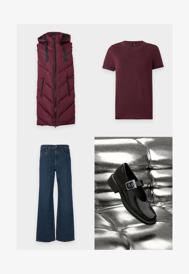 Chaleco acolchado burdeos con capucha, que presenta un patrón de rombos acolchado, cierre frontal con cremallera y dos bolsillos laterales con cremallera.; Camiseta burdeos de algodón suave, con cuello redondo, mangas cortas y un corte relajado, con una textura lisa y sin patrones visibles.; Jeans de mezclilla de lavado oscuro y acampanados. Presentan cinco bolsillos, un cierre de botón y costuras visibles en las costuras.; Zapato Mary Jane negro de cuero con punta cuadrada, acento de hebilla plateada y un tacón bajo y grueso, colocado sobre un fondo plateado brillante.