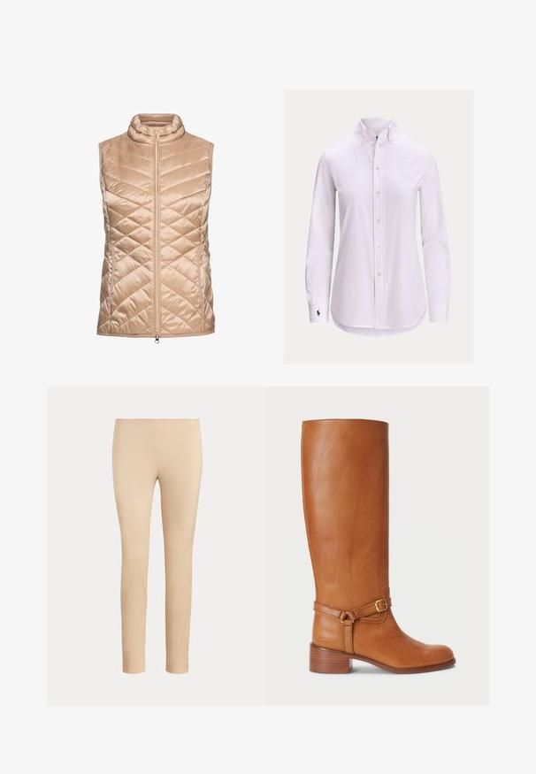 Veste matelassée beige avec col montant, dotée d'une fermeture éclair frontale et d'un motif de piqûres en chevron, fabriquée en matériau léger et brillant.; Chemise blanche à manches longues avec col boutonné et petit logo brodé sur le poignet gauche.; Pantalon beige slim fit longueur cheville avec une finition lisse, sans poches visibles ni ornements, sur un fond uni.; Bottes en cuir marron hautes avec une finition lisse, dotées d'une sangle à boucle sur le côté et d'un talon empilé. La tige présente un design épuré et sans ornement.