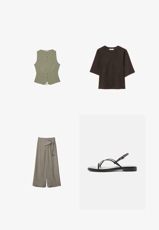 Ærmeløs olivengrøn knap-vest med rund halsudskæring og let kilet kant, vist fladt på en hvid baggrund.; Sort kortærmet sweatshirt med rund halsudskæring og afslappet pasform, vist fladt på en hvid baggrund.; Bredbuksbukser i taupe med højt talje og en stofknude-detalje på højre side.; Sort flad sandal med tynde stropper, guldring ved tåen og justerbar ankelspænde, vist mod en ensfarvet hvid baggrund.