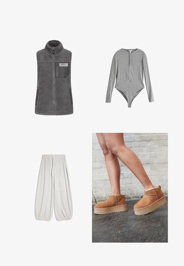 Grijze mouwloze fleece vest met hoge kraag, volledige rits aan de voorkant, ritszak op de borst en twee zijzakken met drukknoop.; Grijze longsleeve bodysuit met een ronde hals, knoopsluiting aan de voorkant, geribbeld textuur en een aansluitend ontwerp. Gemaakt van zachte stof.; Lichtgrijze losse broek met elastische taille, trekkoord en elastische boorden op een witte achtergrond.; Bruine suède enkelboots met een zachte voering, dikke beige plateauzool en een achterste lus. Getextureerde oppervlakte met zichtbare stiksels.