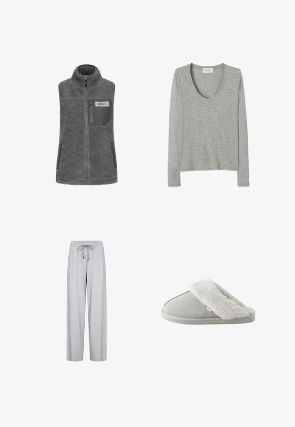 Grå æ sleeveless fleece vest med høj krave, fuld frontlynlås, lynlås brystlomme og to sidelommer med trykknapper.; Langærmet lysegrå meleret skjorte med rund halsudskæring og blødt stof, lagt fladt på hvid baggrund.; Lysegrå vidde bukser med elastisk talje og snørelukning, lavet af blødt, behageligt stof.; Lysegrå slip-on tøfler med blødt hvidt kunstpelsfor og sål mærket "NEXT," set fra siden på hvid baggrund.