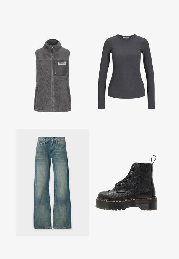 Grå æ sleeveless fleece vest med høj krave, fuld frontlynlås, lynlås brystlomme og to sidelommer med trykknapper.; Langærmet, ribbet top i mørkegrå. Har en rund halsudskæring og tætsiddende silhuet. Fremstillet af et strækbart stof for komfort.; Blå denimjeans med falmet vask, høj talje, brede ben, frontknap og lynlås samt fem lommer, vist mod en ensfarvet baggrund.; Sorte læder ankelstøvler med tekstureret overflade, rund tå, snørebåndsdesign, gule stikninger og en tyk, rillet sort platformsål.