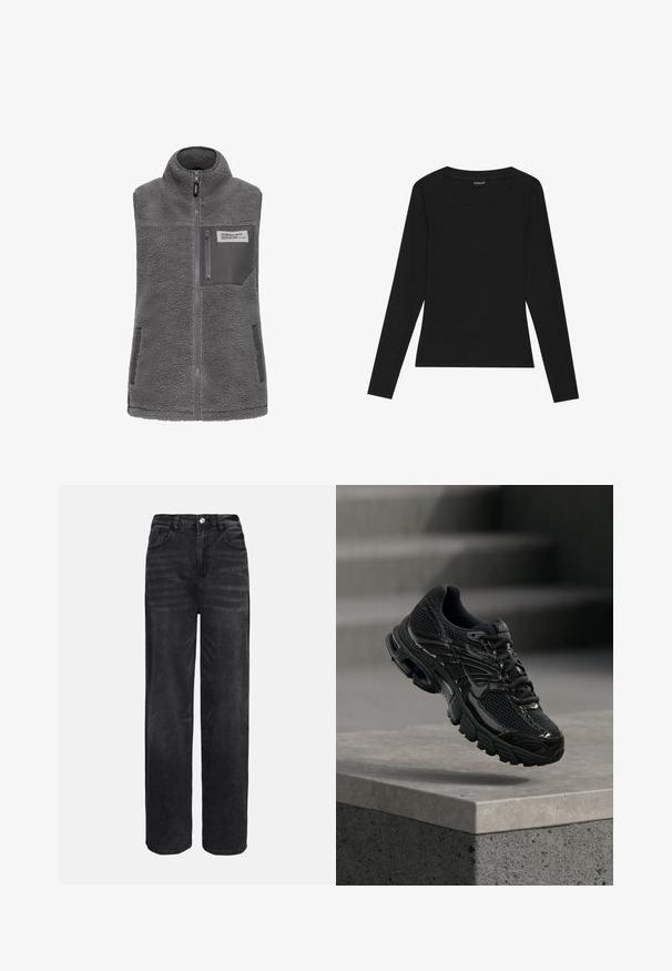 Grå æ sleeveless fleece vest med høj krave, fuld frontlynlås, lynlås brystlomme og to sidelommer med trykknapper.; Sort langærmet ribbet top med rund halsudskæring og tætsiddende silhuet. Stoffet har en glat tekstur og en strækbar kvalitet.; Sorte denim wide-leg jeans med høj talje, fem lommer og frontknaplukning. Glat tekstur med en let falmningseffekt.; Sort Nike løbesko med mesh og syntetisk overdel, der svæver over en betonoverflade og trin i baggrunden.
