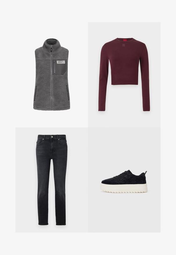 Grå æ sleeveless fleece vest med høj krave, fuld frontlynlås, lynlås brystlomme og to sidelommer med trykknapper.; Bourgognefarvet langærmet crop top lavet af strækbart stof med rund halsudskæring og broderet "HUGO" tekst på brystet.; Sorte denimjeans med lige ben, der har knaplukning, fem lomme-design og subtile sømdetaljer.; Sort ruskind sneakers med dekorativ syning, sorte snørebånd og tyk rillede hvid gummisål på ensfarvet lys baggrund.