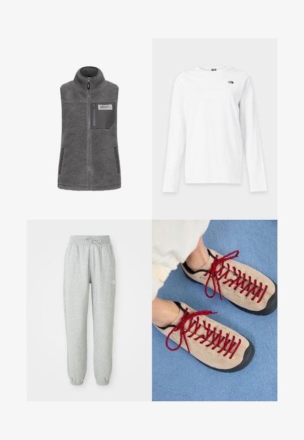 Grå æ sleeveless fleece vest med høj krave, fuld frontlynlås, lynlås brystlomme og to sidelommer med trykknapper.; Hvid langærmet T-shirt med rund hals og lille sort The North Face-logo på venstre bryst.; Grå sweatpants med elastisk talje og snøre. Stoffet er blødt, og de har elastiske manchetter ved anklerne samt et logoaccent.; Beige sko med røde snørebånd, placeret på en blå tekstureret overflade, delvist synliggørende en persons ankel. Skoene har et sporty design.
