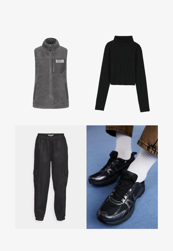 Grå æ sleeveless fleece vest med høj krave, fuld frontlynlås, lynlås brystlomme og to sidelommer med trykknapper.; Even&Odd by Zalando Langærmet T-shirt - black; Sorte cargo-bukser med elastisk talje, sidelommer og afsluttede ben. Fremstillet af et glat, let stof.; Sorte Nike-sneakers med mesh og syntetisk materiale, der har en struktureret overdel, sorte snørebånd og holdbare gummisåler. Hvide ribstrikkede sokker er synlige.