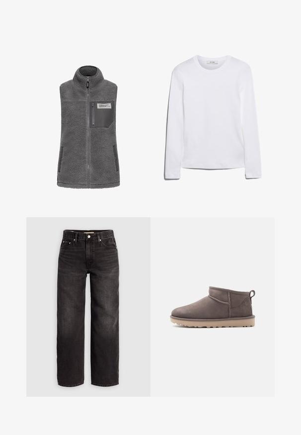 Grå æ sleeveless fleece vest med høj krave, fuld frontlynlås, lynlås brystlomme og to sidelommer med trykknapper.; Langærmet hvid T-shirt lavet af ribbet bomuld, med rund halsudskæring og lige kant. Simpelt design uden mønstre eller accenter.; Levi's® BAGGY DAD - Baggy jeans - shrink up; Lav brun ruskindssko med lav ankelhøjde, slidstærk sål og træksnor på en ensartet baggrund.