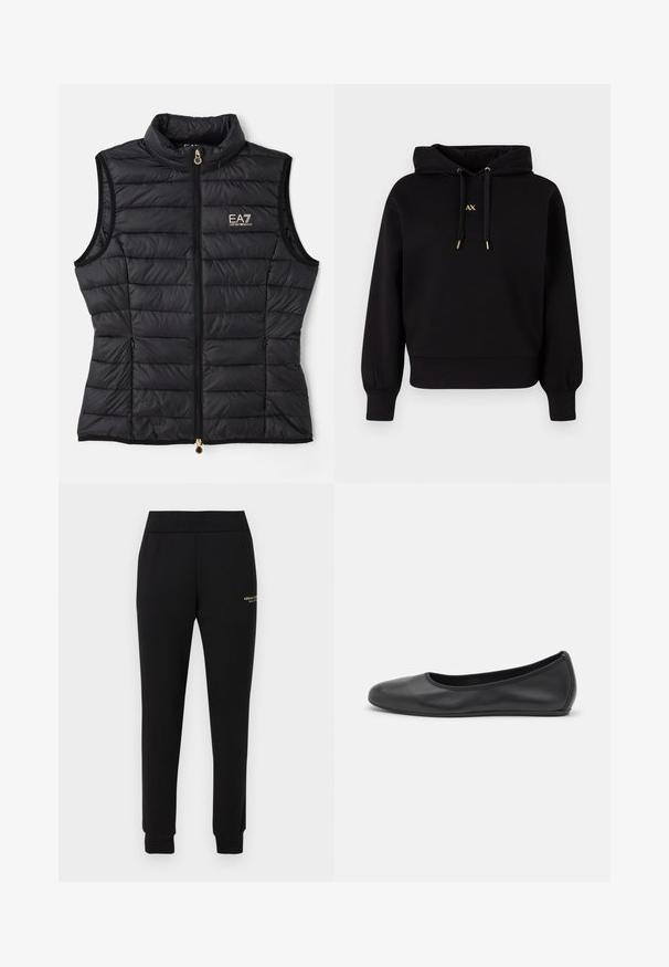 Mustast ilma äärekandiga puffer vest, millel on tikand, kõrge krae, eesmine tõmblukk, kuldne riistvara ja EA7 logo vasakul rinnal.; Must herne sall, mis on valmistatud pehmest kangast. Omab lühendatud disaini, elastseid mansette ja kuldse aktsendiga tõmblukke koos logoga.; Mustad kitsenevad vabaajapüksid elastse vöörihma ja mansettidega, paremal reiel väike kuldne "Armani Exchange" logo.; Musthave mustika tantsutossud mustast nahast, ümmarguse varbaga, siledast tekstuurist, minimaalse õmblusdetailiga ja paindliku tallakujundusega.